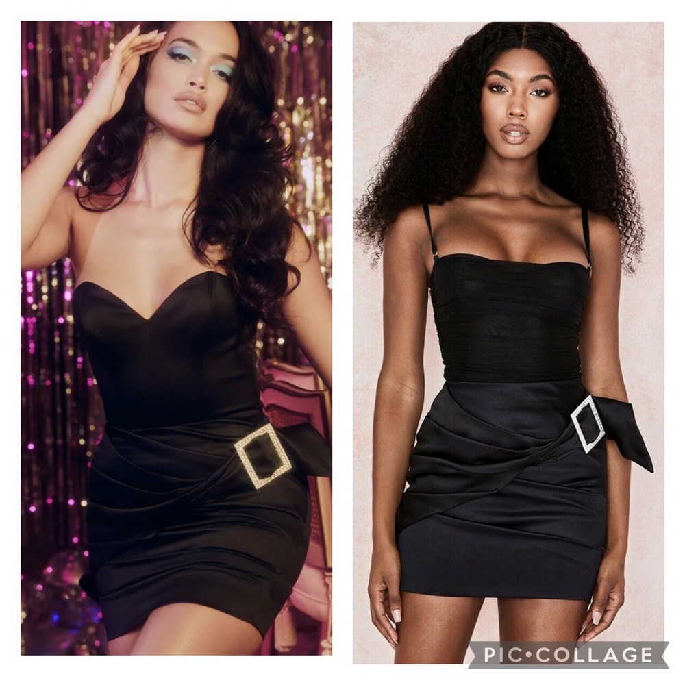 House of CB “Naima” Black Satin Rouched Buckle Mini Skirt
